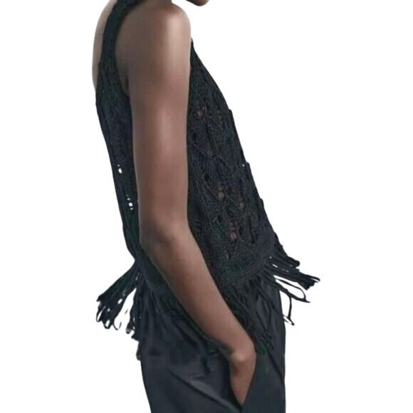 Zara Black Boho Open Weave Knit Crochet Fringe Tank Top Small - Picture 16 of 16